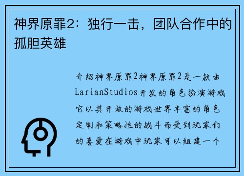 神界原罪2：独行一击，团队合作中的孤胆英雄