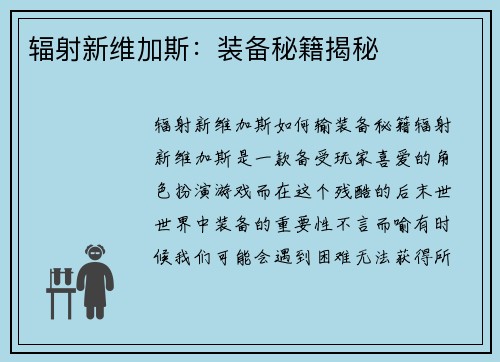 辐射新维加斯：装备秘籍揭秘