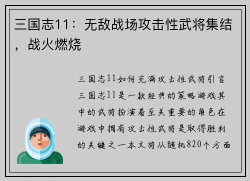三国志11：无敌战场攻击性武将集结，战火燃烧
